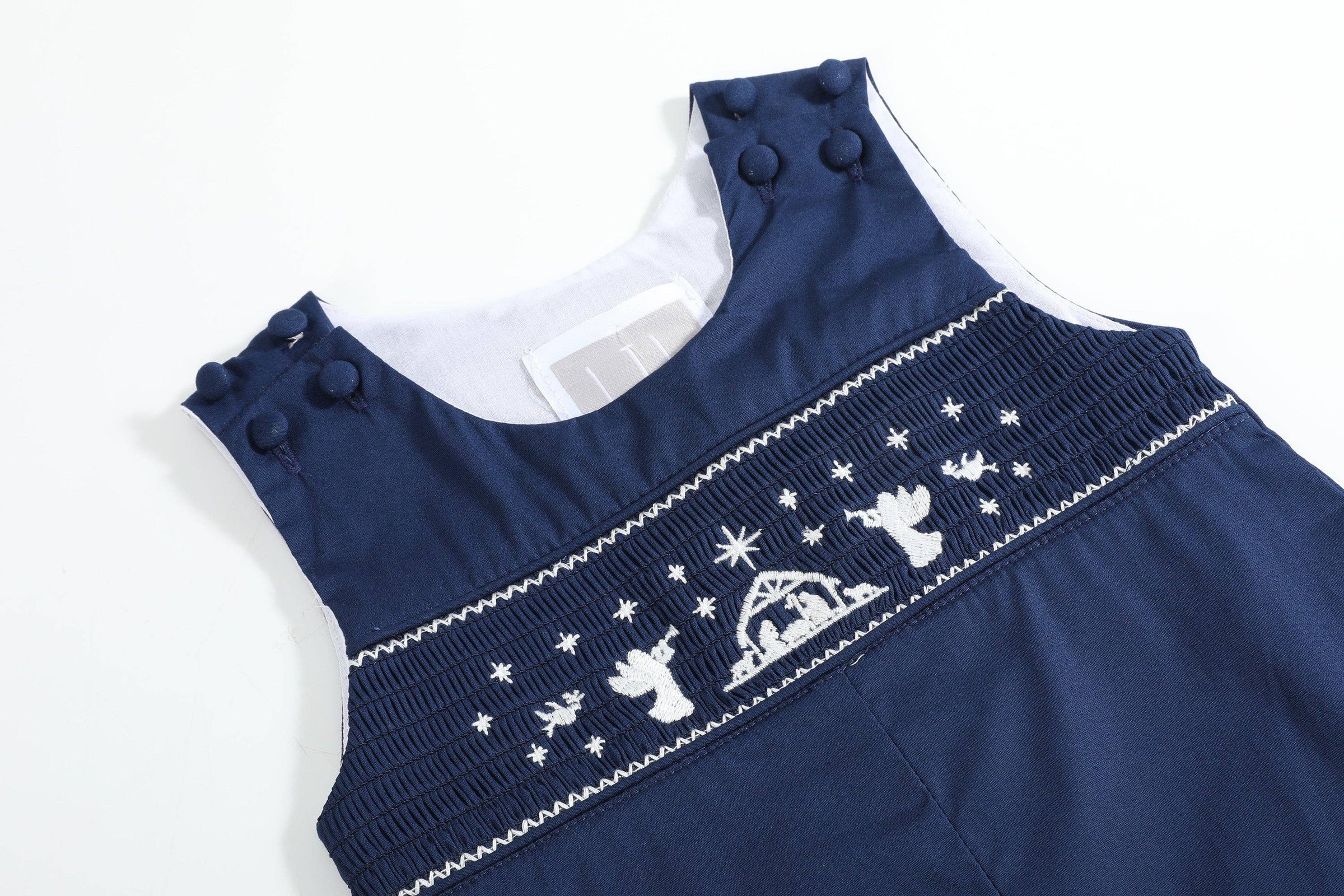 Blue Nativity Smocked Overalls | Oliver and Gray Blue Nativity Smocked Overalls | Oliver and Gray